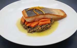 Sautéed Salmon with Lentils, Carrots and Orange Butter Sauce