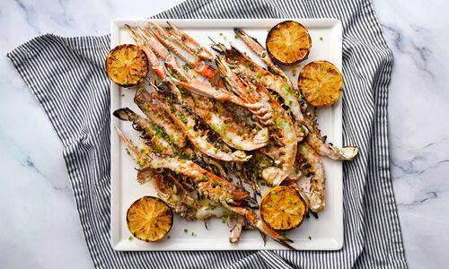 Grilled Langoustines with Charred Lemons & Garlic-Chive Butter
