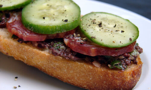 Jennifer Hess Saucisson Sec, Cucumber & Tapenade Tartines Recipe | D'Artagnan